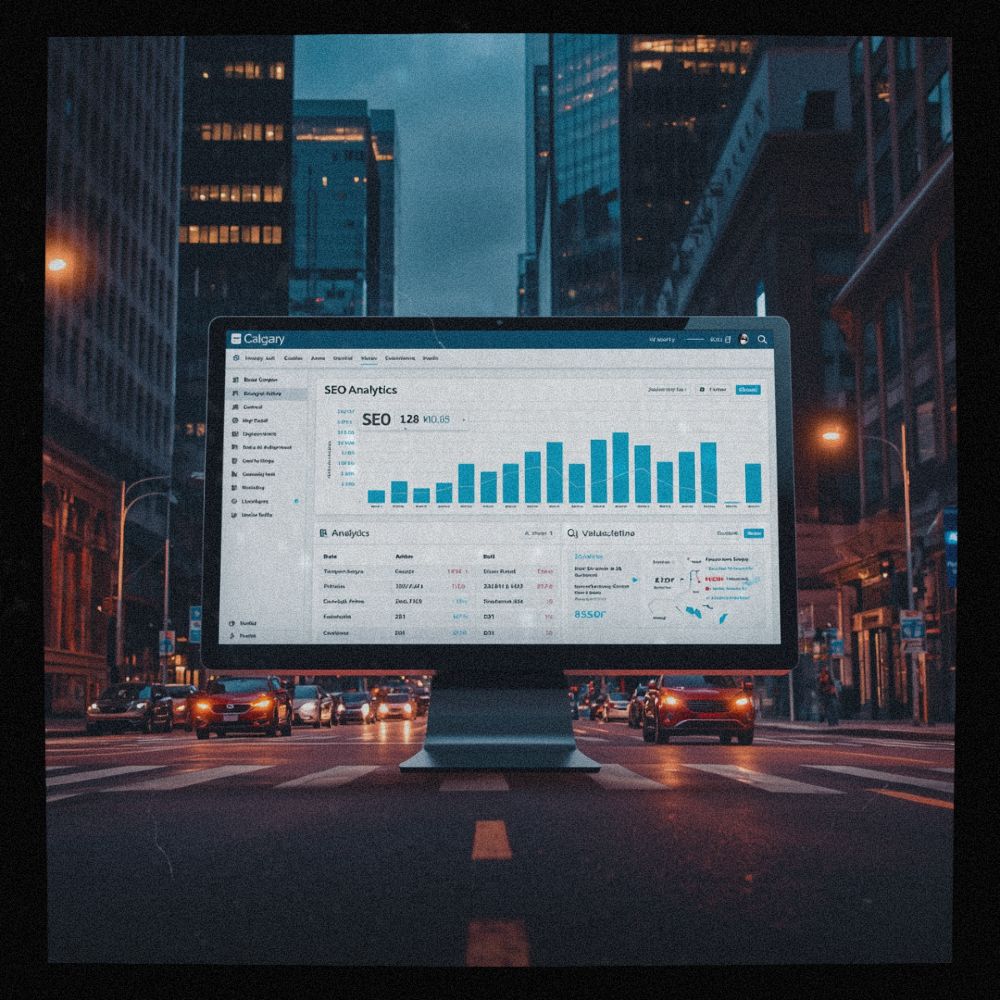 Image of a computer screen with Calgary SEO Serves charts in the middle of a busy downtown street