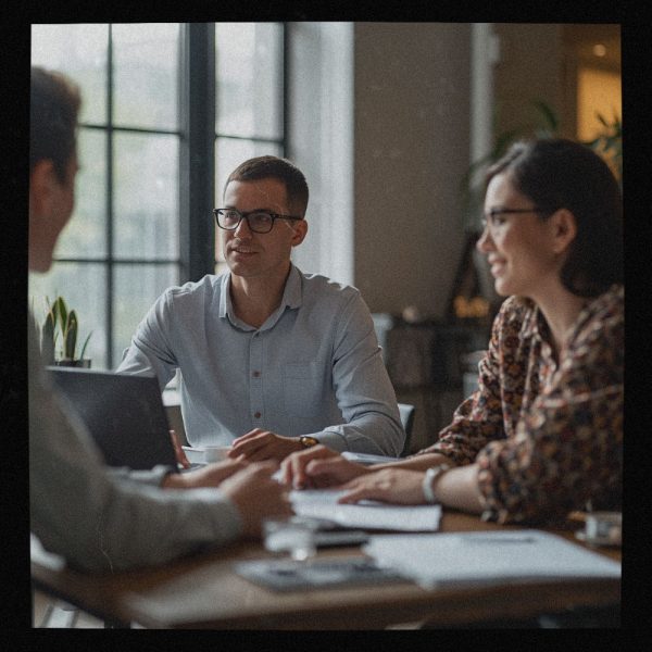 An image of a team of 3 collaborating around a table