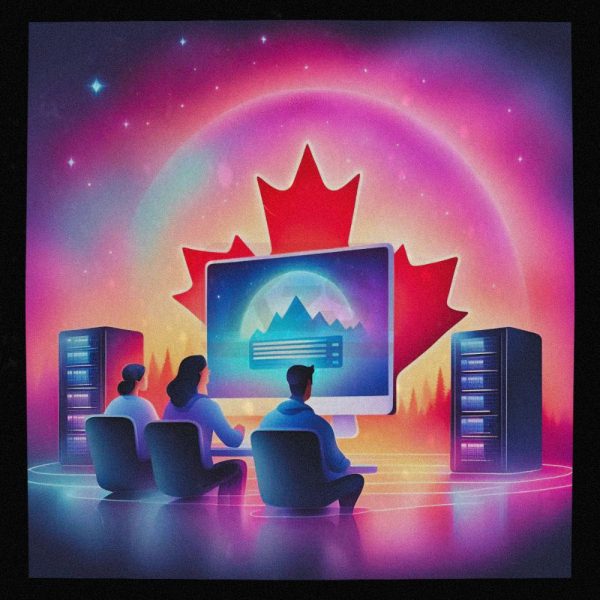 3 people sitting in front of a computer monitor with a maple leaf in the background showing Canadian Website Hosting